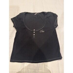 Victoria’s Secret Y2K Love Waffle Knit Henley Baby Tee Black Short Sleeve, EUC